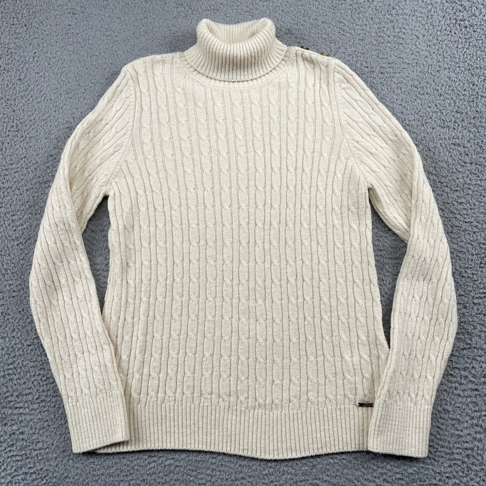 Superdry Sweater Women 12 Cream Turtleneck Cable Knit Button Shoulder Pullover